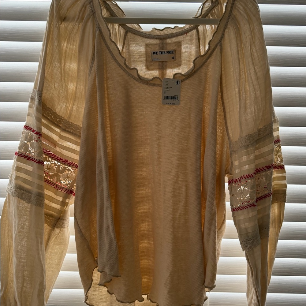 We The Free Sheer Cream Boho Peasant Blouse with Red Trim